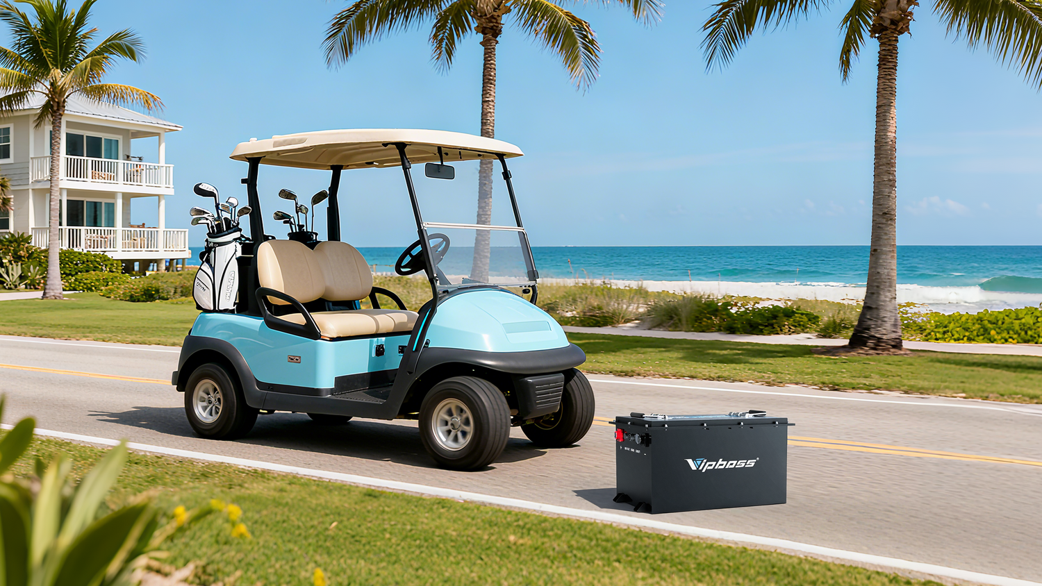 Golf cart near the beach with a VIPBOSS lithium battery, providing reliable power for outdoor adventures.