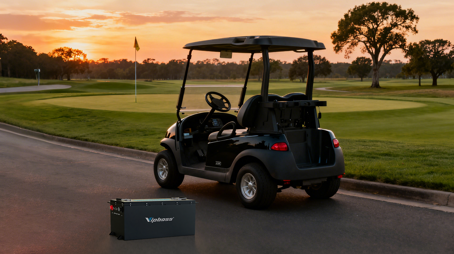 Golf cart parked at sunset with a VIPBOSS golf cart battery nearby on the course.