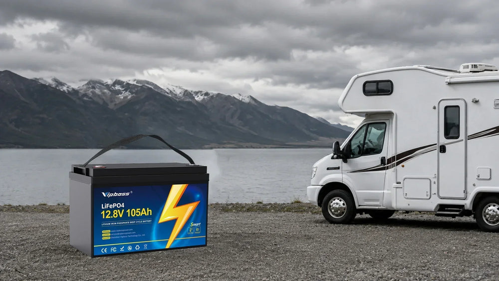 LiFePO4 battery powering an RV at an outdoor campsite