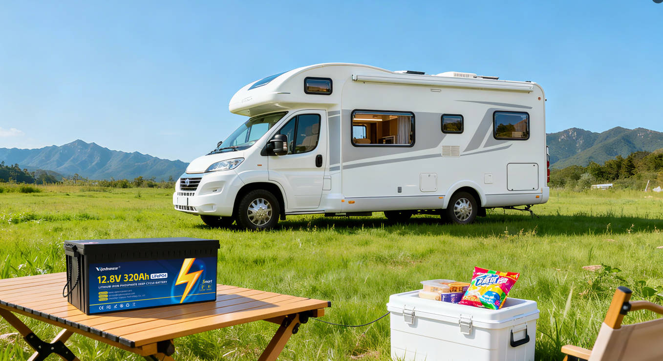 RV lithium battery powers outdoor adventure, placed on table near camper van in scenic field.