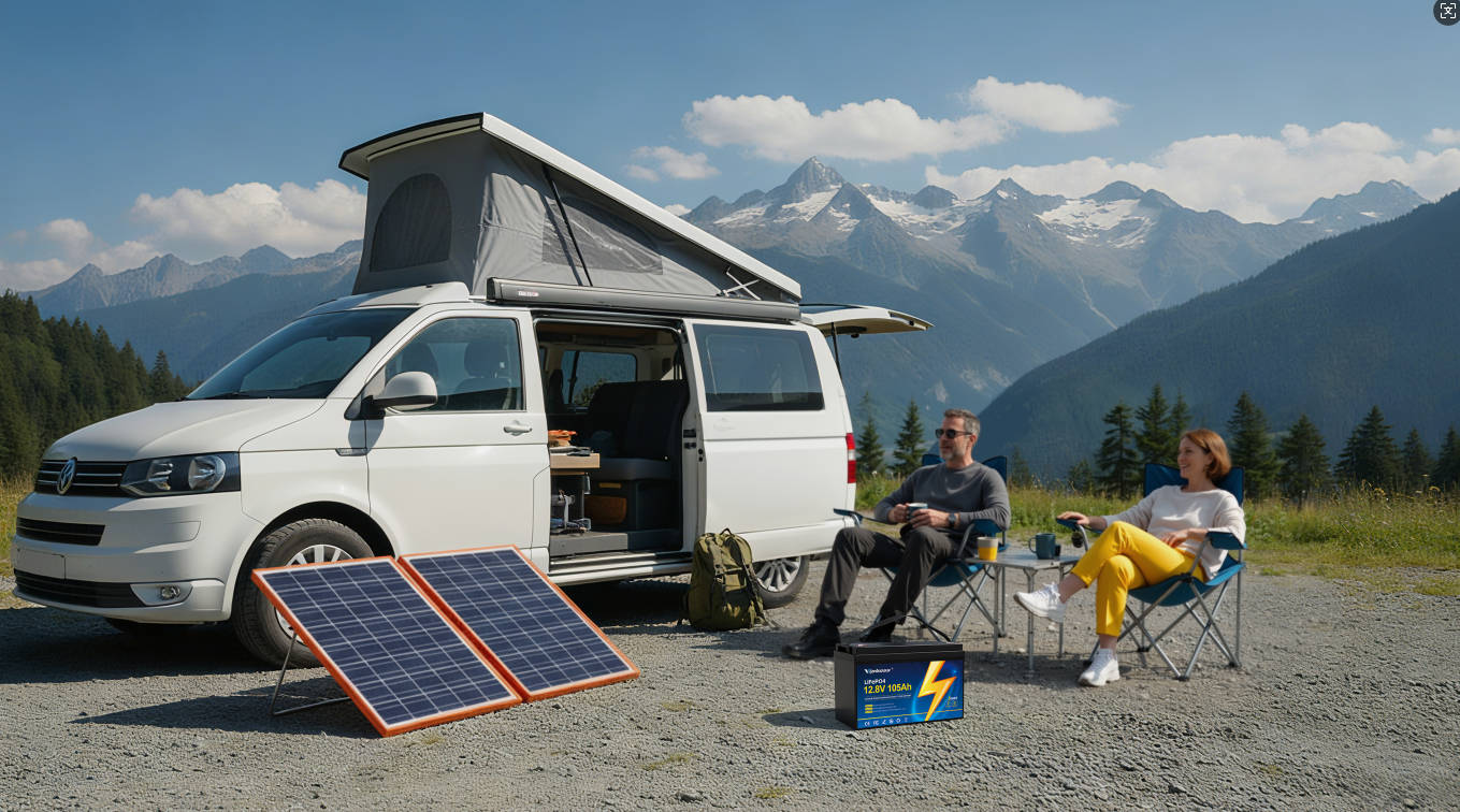 A couple enjoys mountain views beside a camper van with solar panels and a VIPBOSS battery for off-grid power.