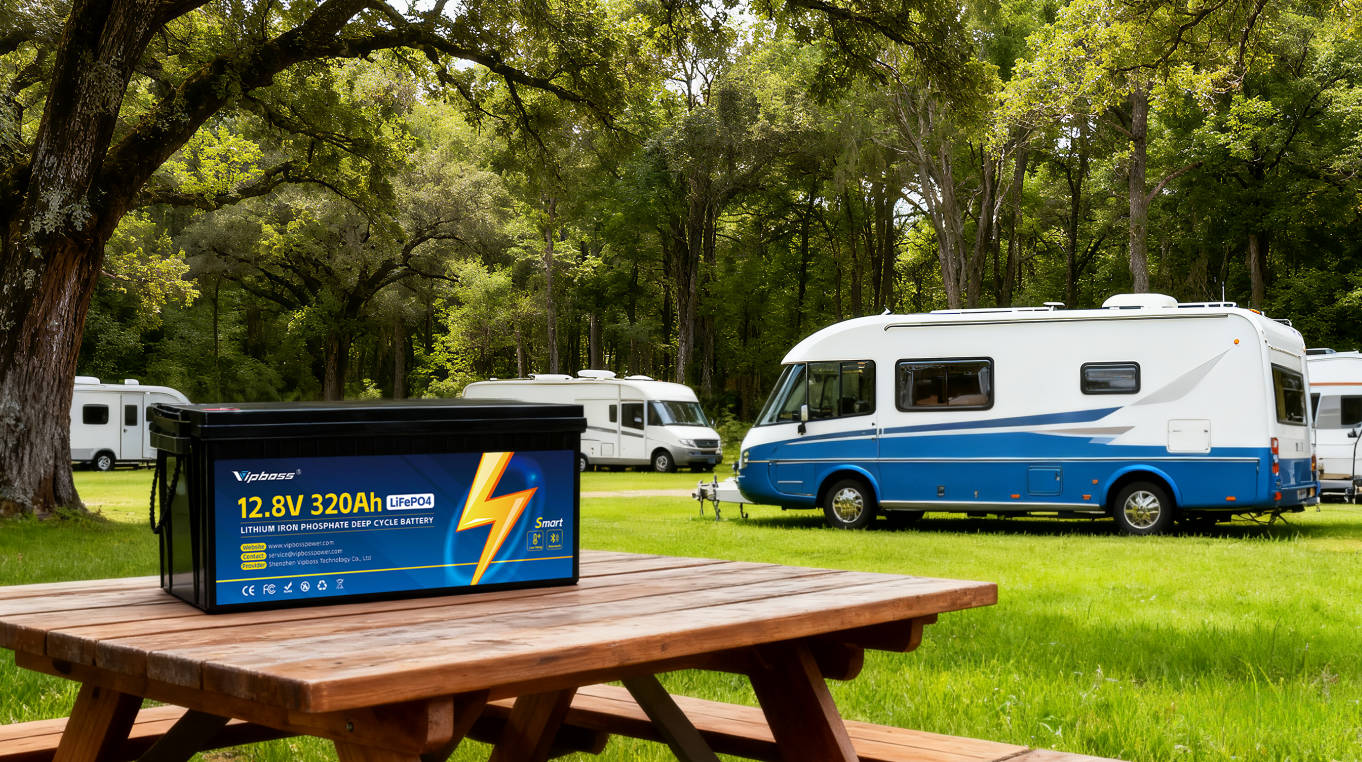  RV lithium battery on picnic table in a forested campground with parked RVs in the background.