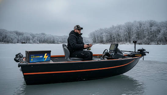 A fisherman on a boat in winter, using a Lithium Systems battery for power in cold conditions.
