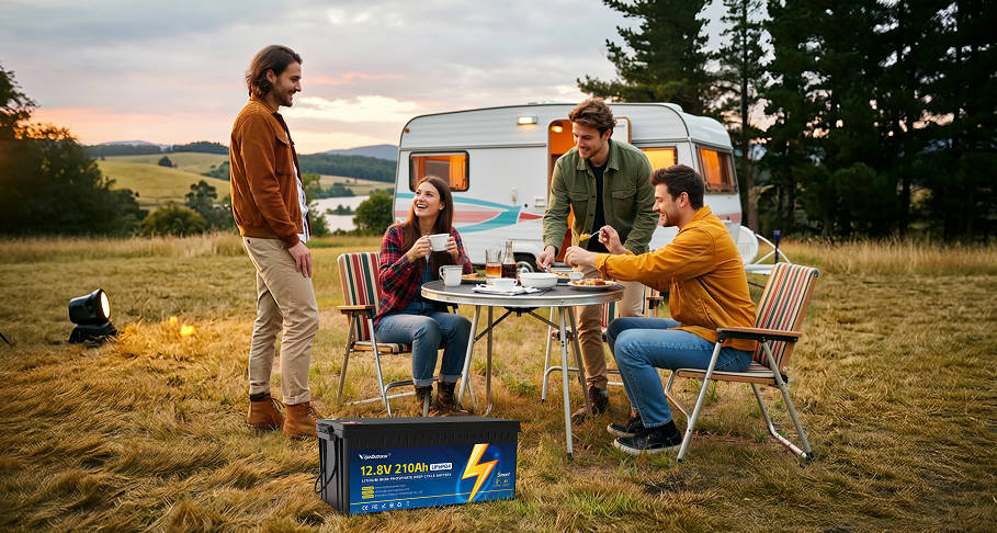 Friends enjoy a picnic near an RV, with a 12.8V 210Ah RV battery placed nearby in a scenic outdoor setting.