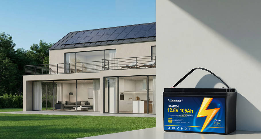 Modern home with solar panels and a lithium-ion battery for energy storage.