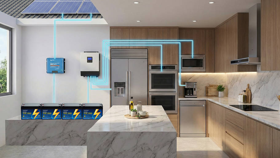 Modern kitchen with solar-powered energy system, batteries, and smart appliances.
