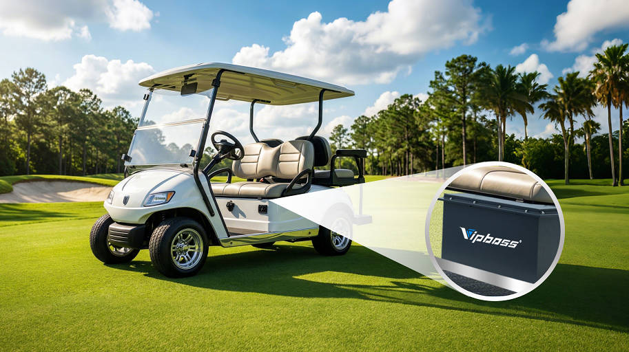 Golf cart on a sunny course with VIPBOSS battery highlighted.