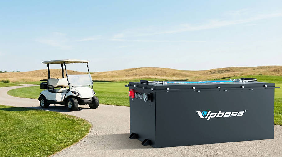 VIPBOSS battery powers a golf cart on a scenic course.