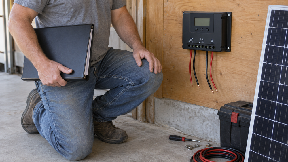 Person holding a manual beside a solar charge controller and solar panel
