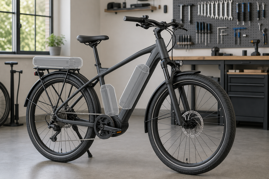 E-bike with battery mounting options shown at the front, center, and rear