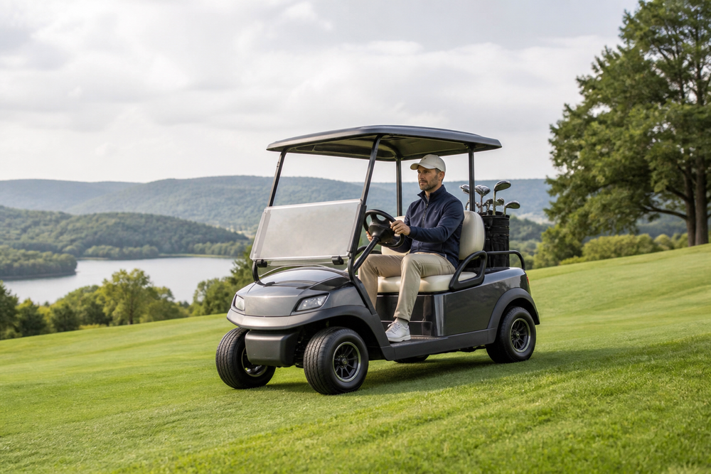 Golf cart traveling carefully on a grassy slope with its battery compartment low in the chassis