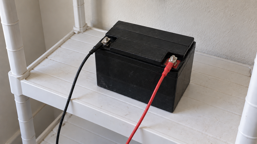 Black battery with red and black charging leads on a white utility shelf