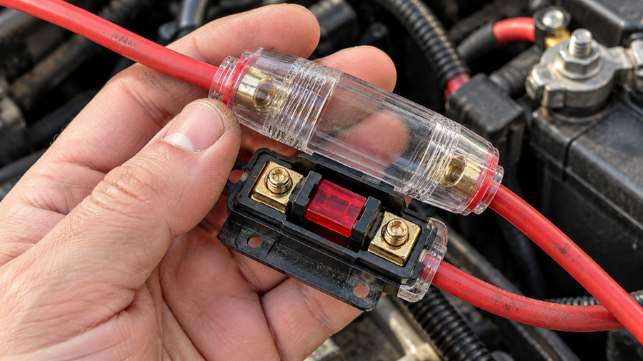 Hand inspecting an opened inline branch fuse holder beside battery wiring