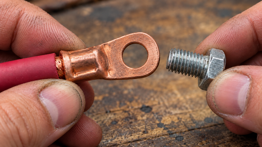 Hand comparing a copper ring lug opening with an M8 terminal bolt