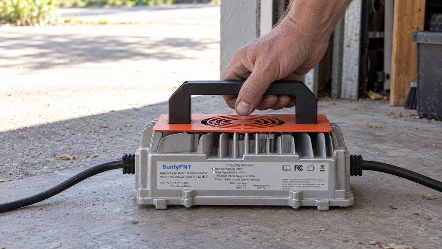 Hand setting a used battery charger in shade beyond a sunlit garage threshold