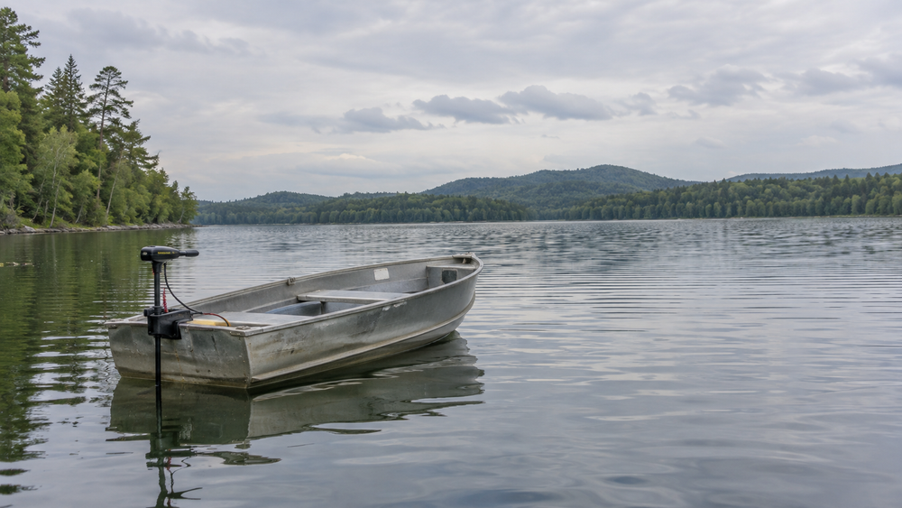 Small unoccupied fishing boat on calm lake water with a trolling motor at the stern.
