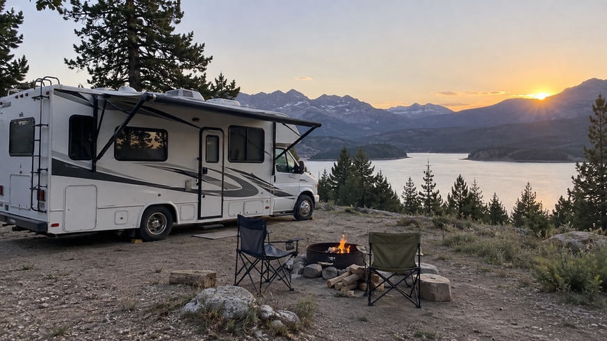A travel RV parked beside a lakeside campground at sunset with mountains in the background.