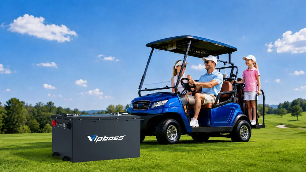 Vipboss storage box mounted on a blue golf cart on a golf course