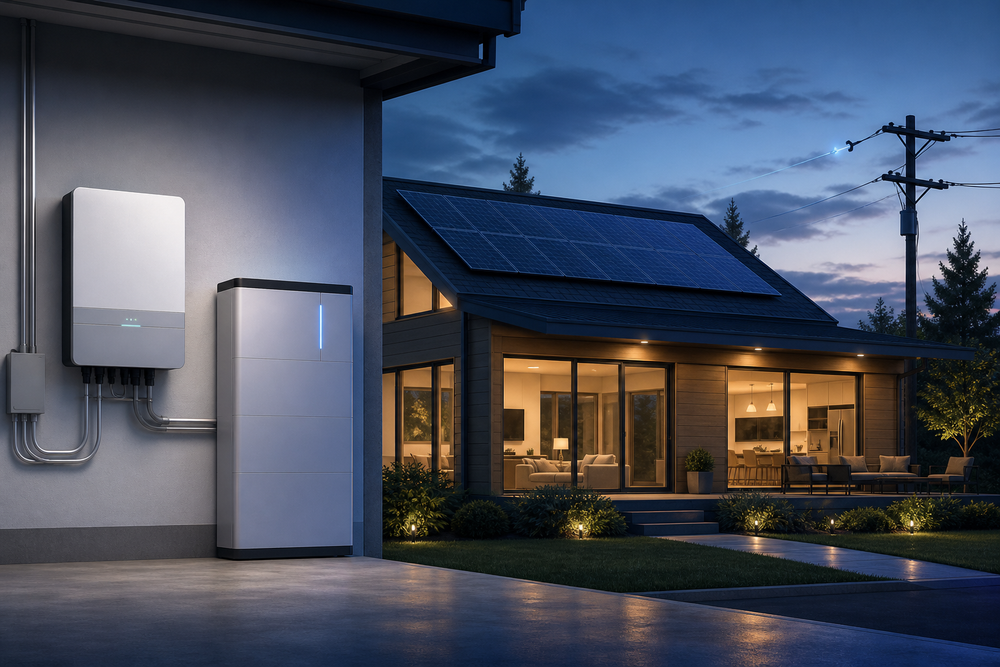 Home battery inverter connected to a house during a utility outage