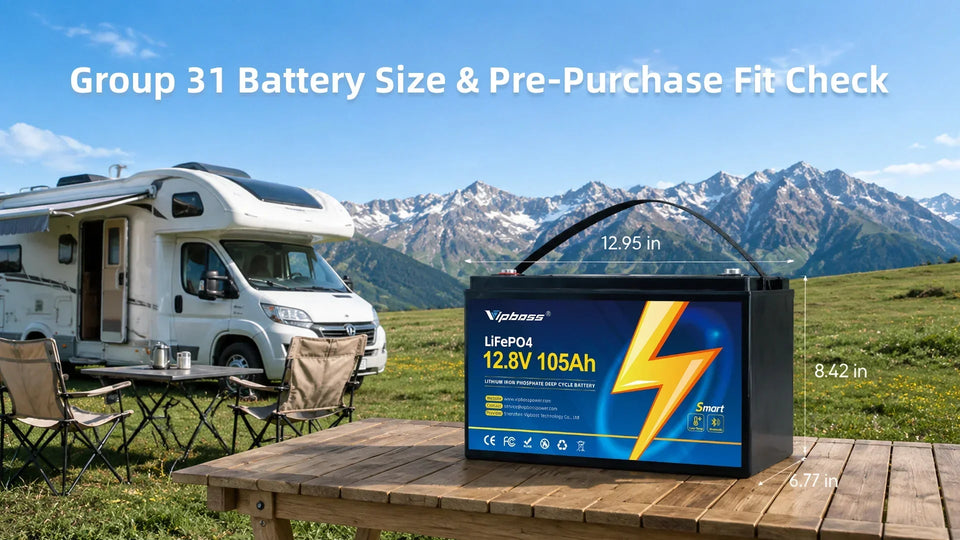 Vipboss 12.8V 105Ah Group 31 lithium battery with labeled dimensions 12.95 by 6.77 by 8.42 inches shown in front of an RV in a mountain setting.