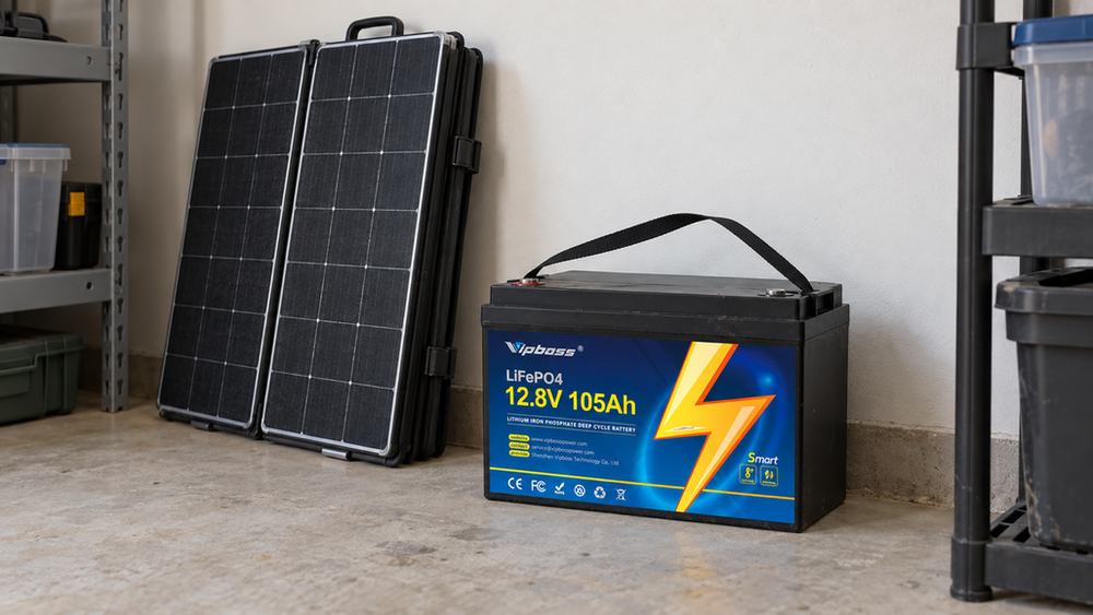 Vipboss 12.8V 105Ah LiFePO4 battery beside a foldable solar panel in a workshop