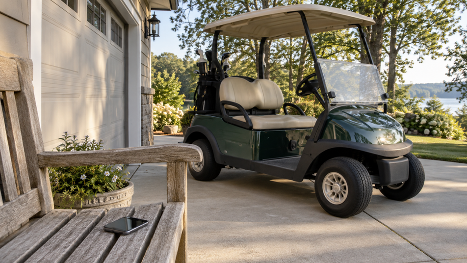 A golf cart parked beside a garage with a smartphone on a nearby bench.