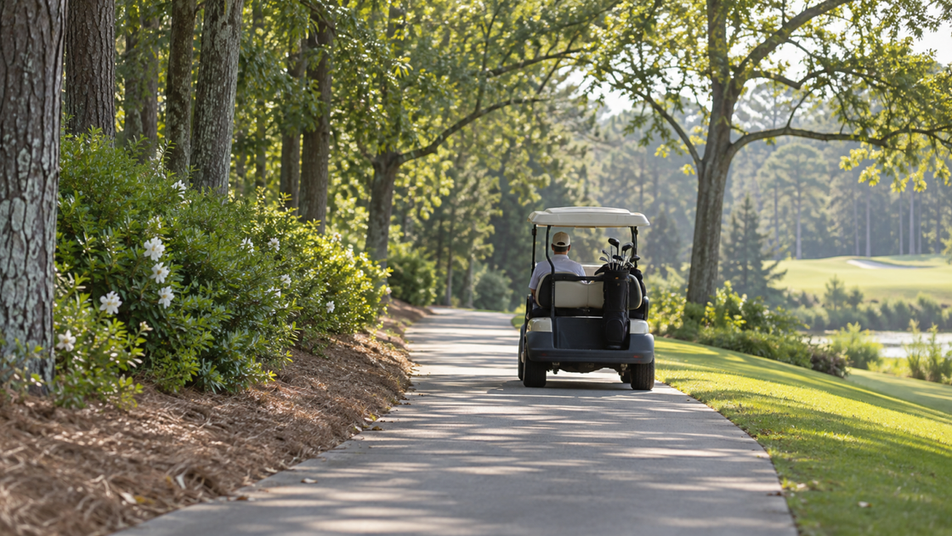 A golf cart driving along a tree-lined course path.
