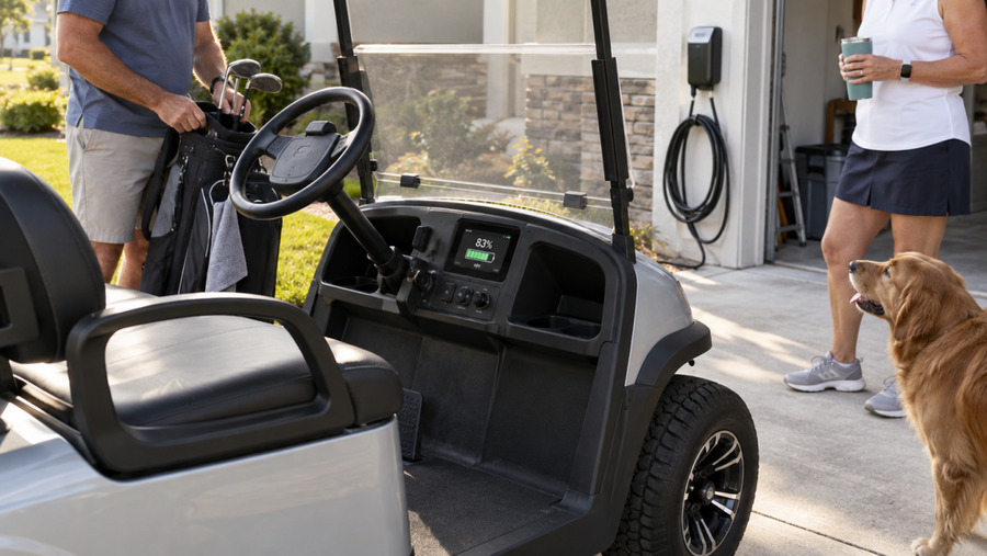 A golf cart parked beside a home charging station.
