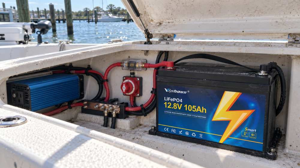 Vipboss 12.8V 105Ah LiFePO4 battery installed with an inverter in a boat compartment.