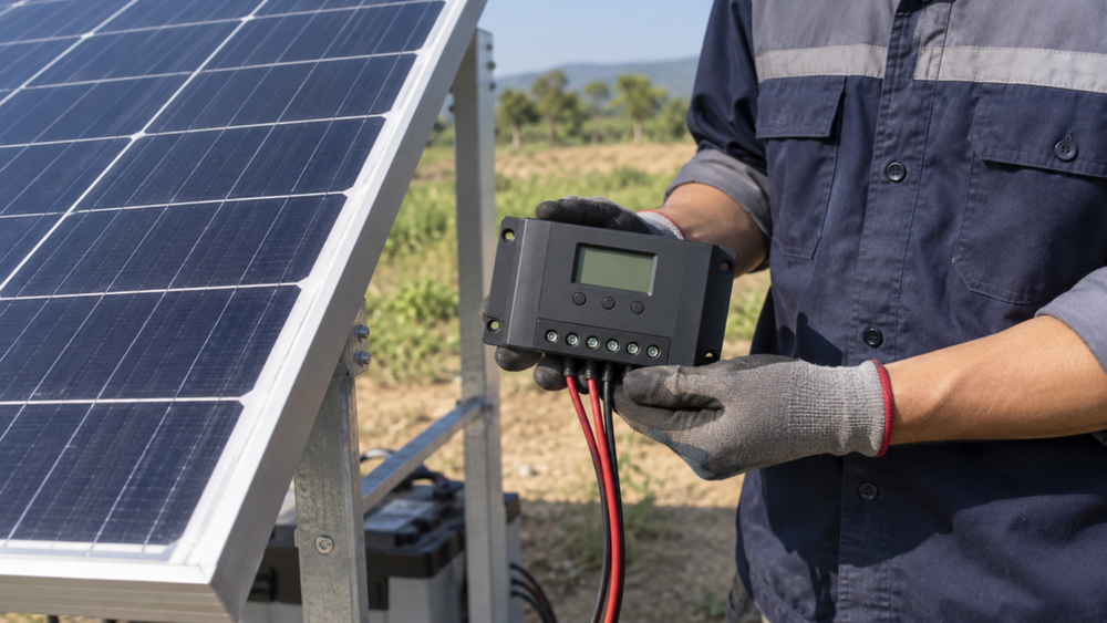 Technician holding an unmarked solar charge controller beside a solar panel