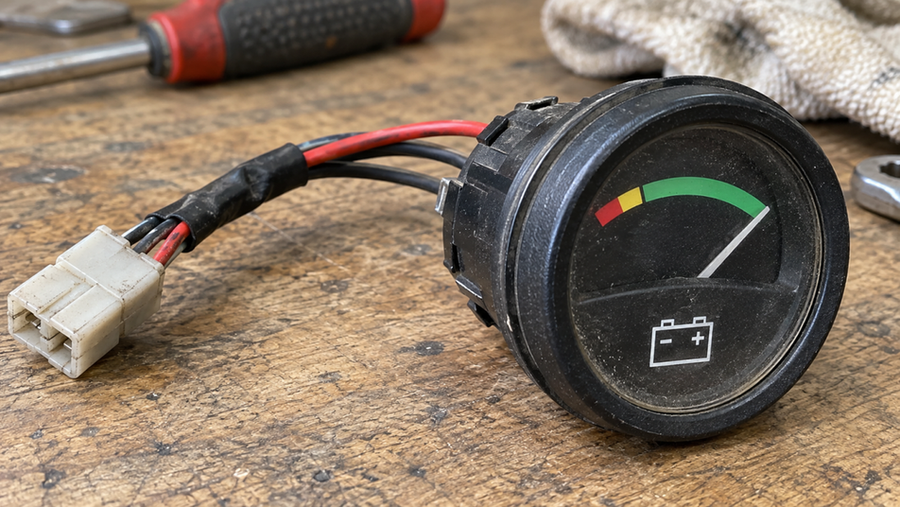 A removed golf cart battery gauge and its wiring on a workshop bench.