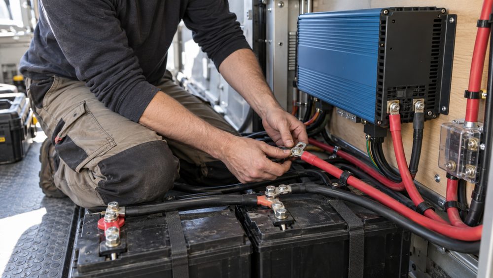 Technician checking heavy battery cables beside a power inverter