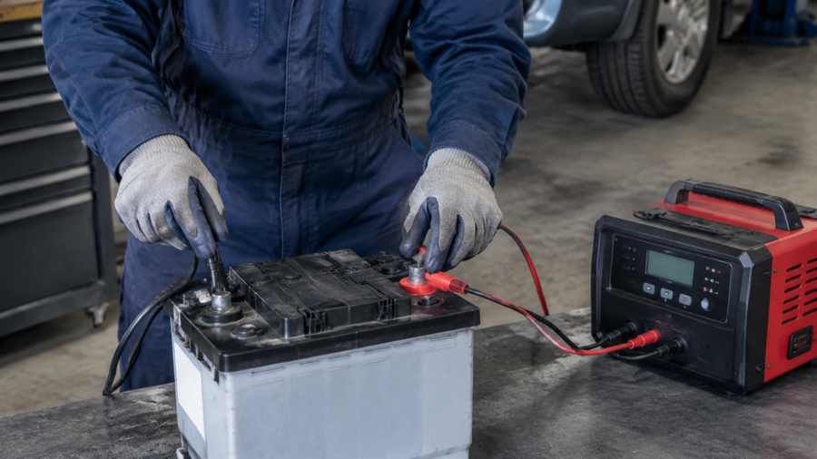 Gloved technician connecting charging leads to a blue LiFePO4 battery beside a portable charger