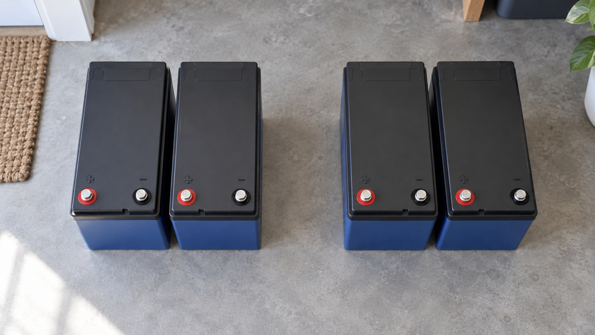 Four matching LiFePO4 batteries in two separated pairs on a gray floor