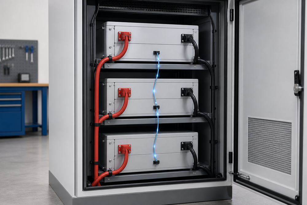 Several lithium battery modules connected by power cables and a communication cable