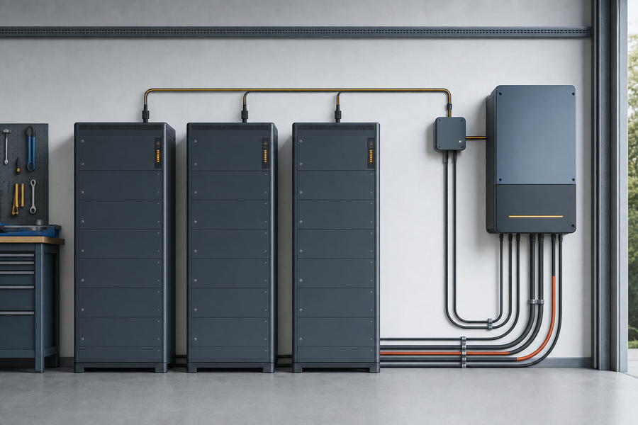Conceptual line network connecting three battery banks to a gateway and inverter