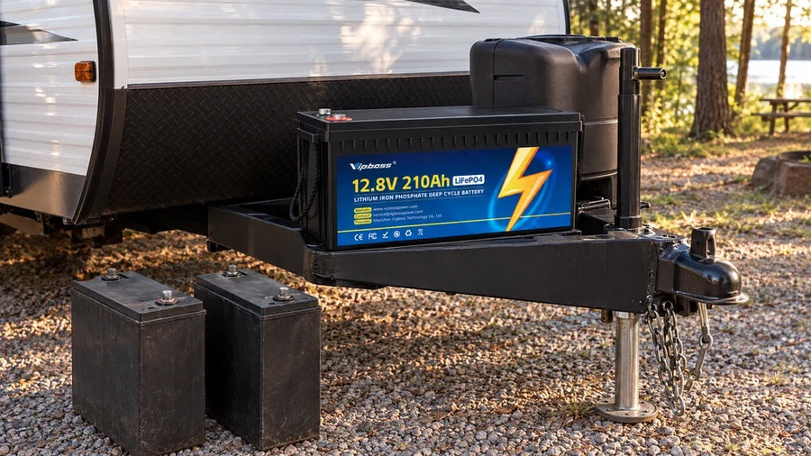 Vipboss 12V 210Ah LiFePO4 battery on a travel trailer tongue tray beside two removed 6V batteries