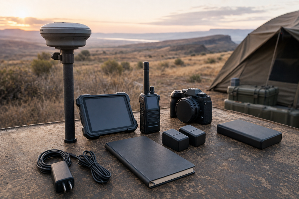 Scientific survey equipment and batteries arranged beside a field notebook