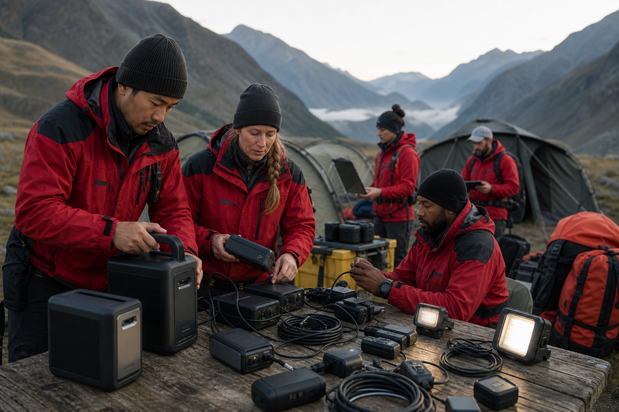 Search-and-rescue team organizing portable power equipment at a remote field base