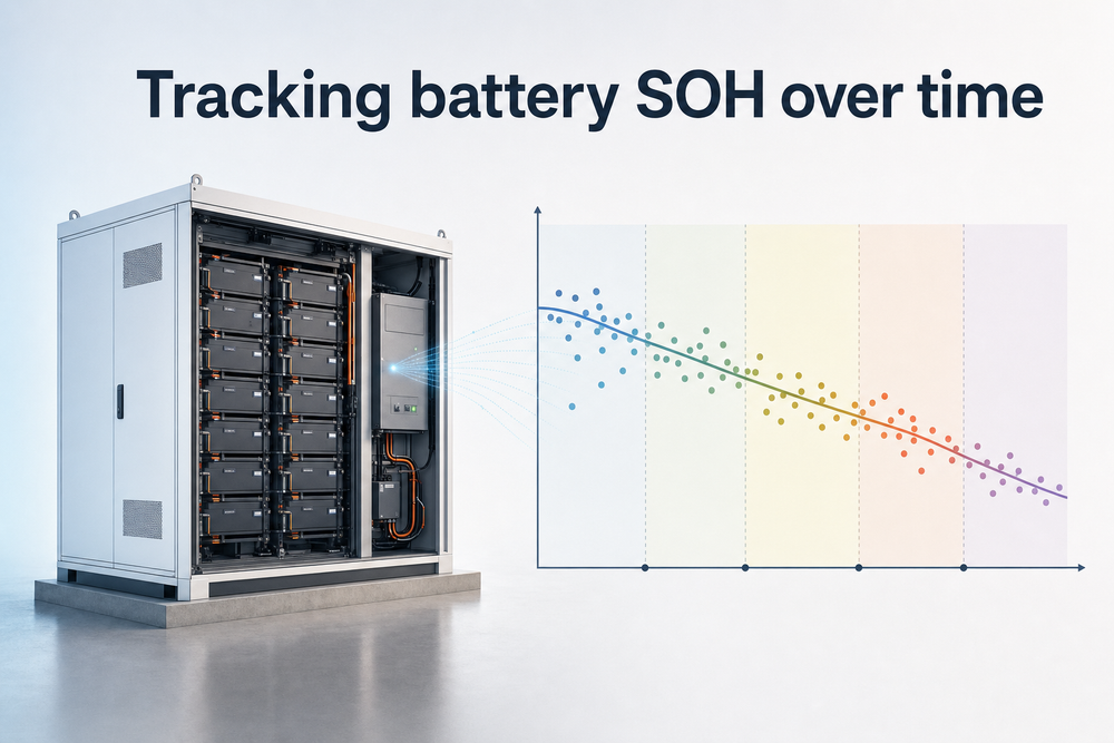 Conceptual battery health trend rising and falling across a long timeline