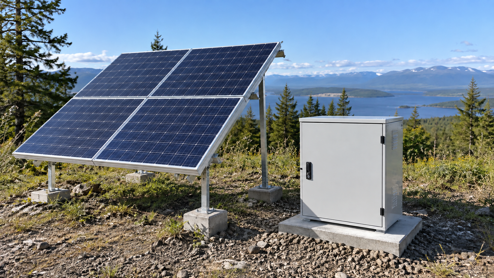 Small solar panel array facing the morning sun in a field