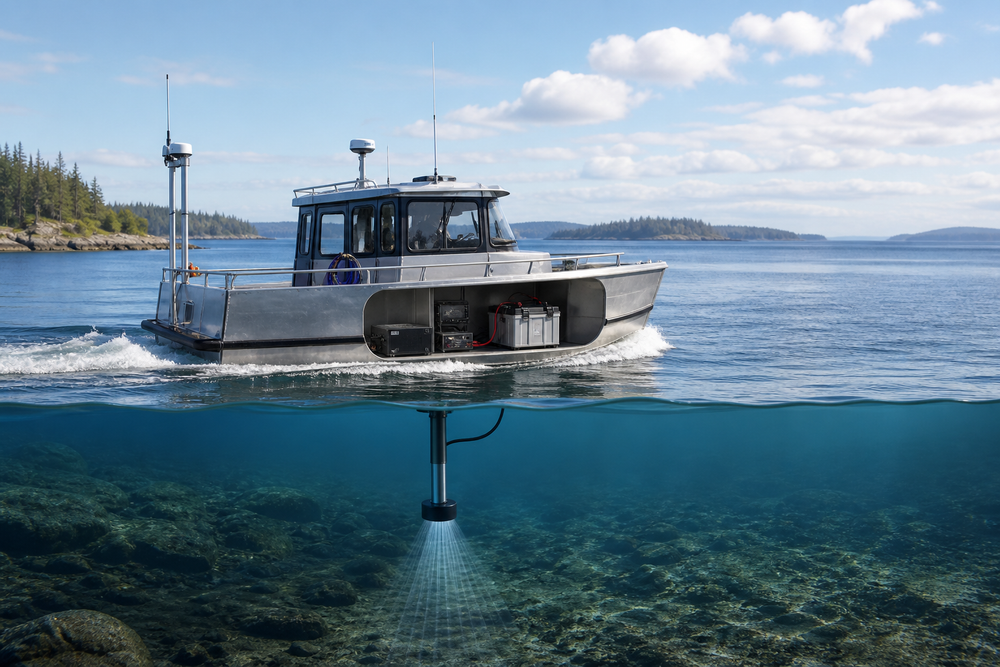 Small research vessel with a survey transducer and onboard electronics