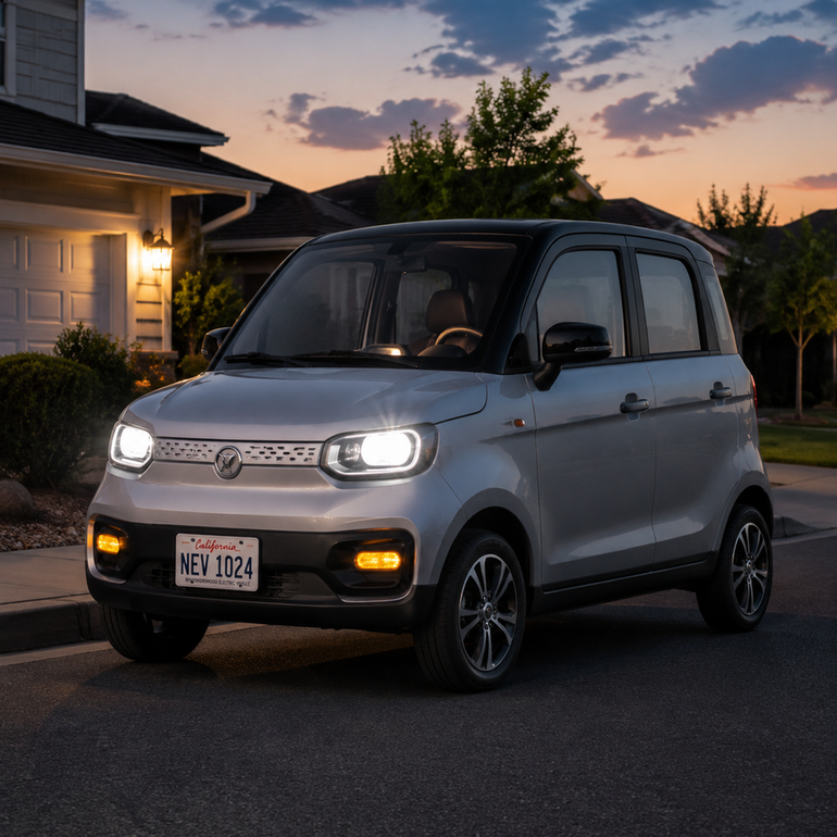 A dark-colored neighborhood electric vehicle parked on a residential street at dusk with headlights on.
