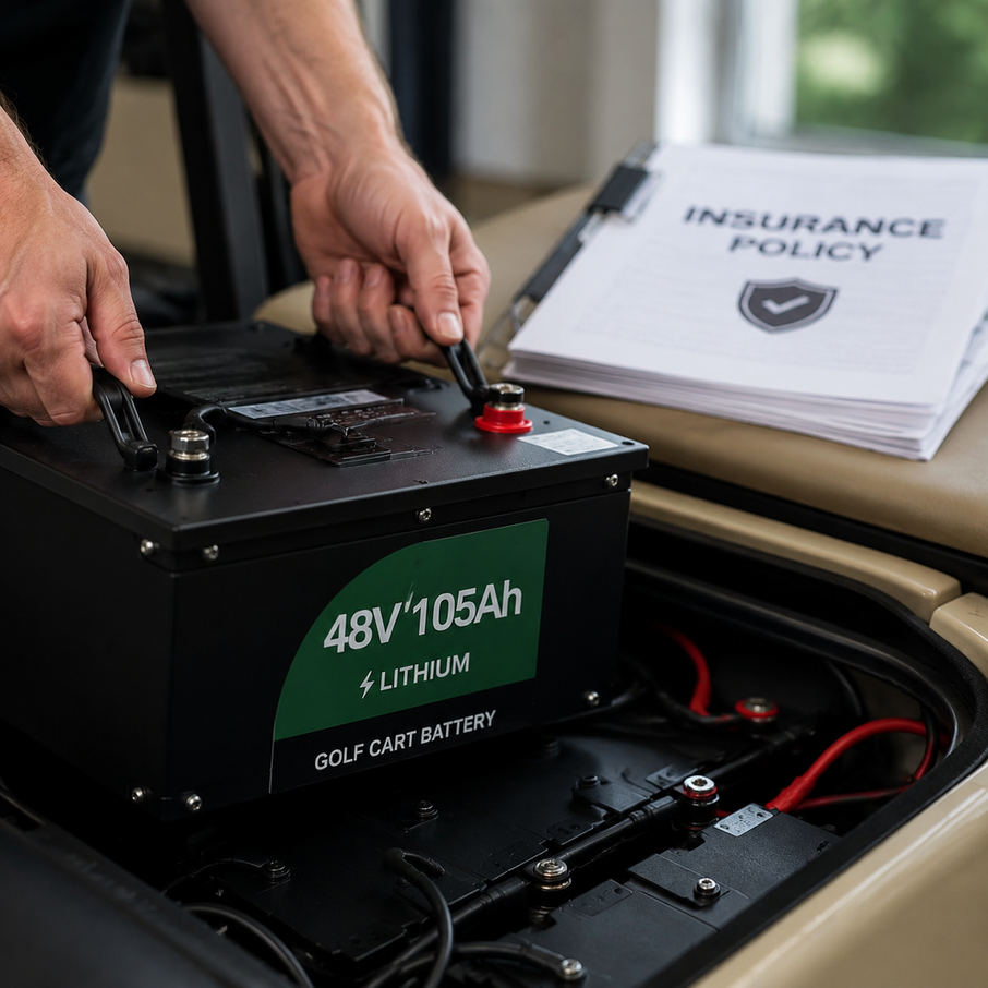 Lithium battery being installed in golf cart with insurance papers in background.