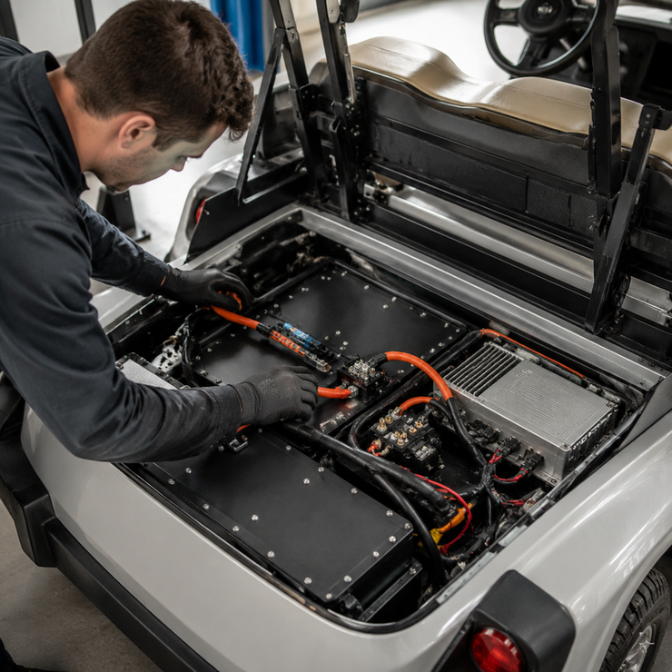 Technician checks lithium battery connections and controller wiring inside a golf cart workshop.