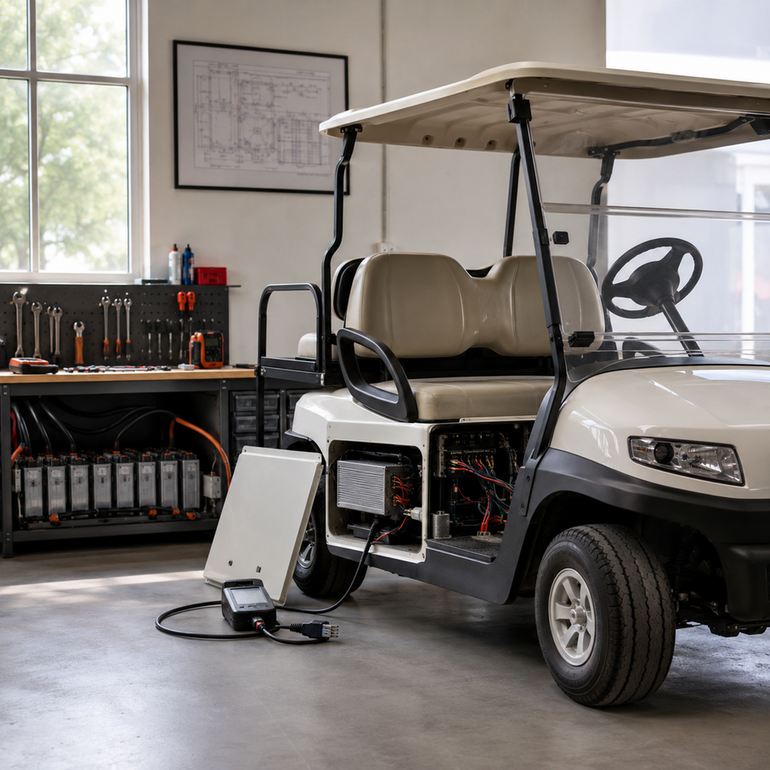 Electric golf cart with open service panel and programming handset in a tidy softly lit workshop