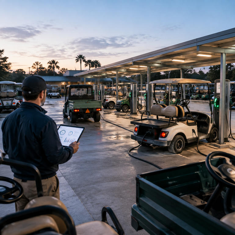 Electric utility carts parked beside charging bays while a supervisor reviews centralized fleet status.