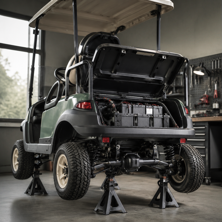 Lifted golf cart on support stands with open battery compartment, suspension components, tray, restraints, and cables visible.
