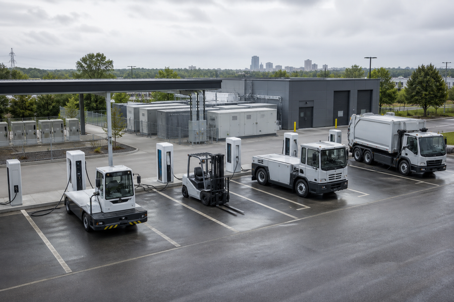 Fleet vehicles charge beside electrical cabinets and conduit at an orderly industrial facility