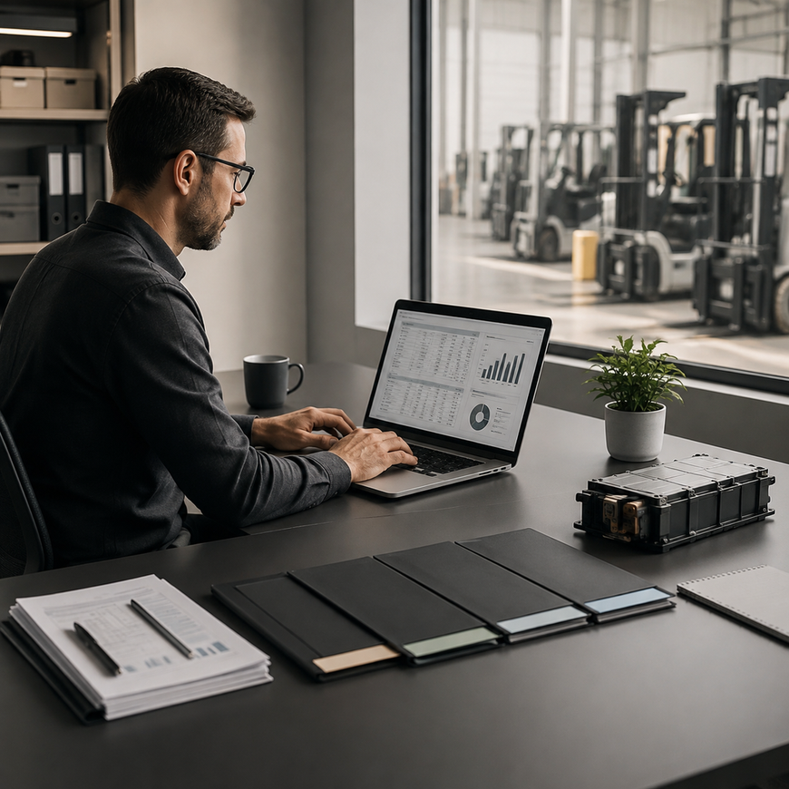 Fleet analyst organizing battery records, cost documents, and equipment planning materials at a workstation
